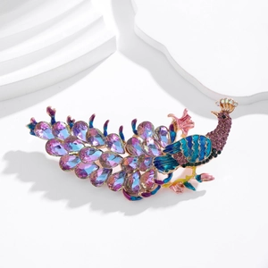 Luxurious phoenix peacock brooch with purple crystals and colorful enamel on gold alloy
