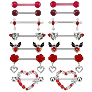 Nipple Rings Stainless Steel Alloy Zircon Heart Bat Rose Gothic Body Piercing Jewelry For Women Red Silver