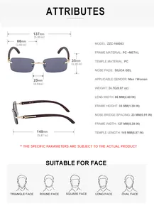 Detailed size specifications for vintage wood-grain arm sunglasses showing frame dimensions