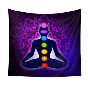 Detail of meditation tapestry showing seven chakras symbols and mandala pattern