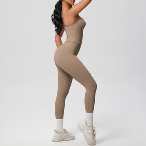Detail of mocha brown backless yoga set featuring thin straps and high-waist leggings