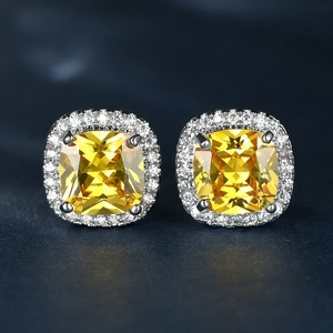 Square cut yellow zircon stud earrings with white diamond halo in silver setting