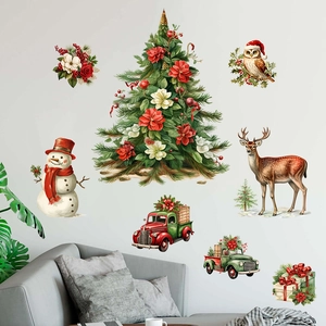 Christmas tree and snowman wall decals set for living room holiday decoration