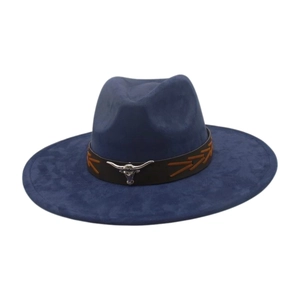 Navy blue wide brim western cowboy hat with brown leather band and silver bull head ornament
