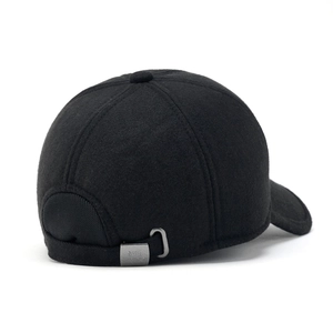 Detail of winter baseball cap rear with adjustable metal buckle and wool-like texture