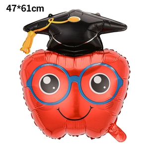 Detail of graduation apple balloon with cap and glasses measuring 47x61cm for party decor