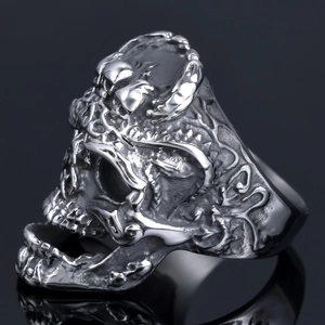Gothic punk 3D hollow skull ring in aged silver finish with polished stainless steel detail