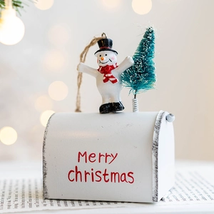 Christmas snowman white metal mailbox ornament with green mini tree and hanging rope