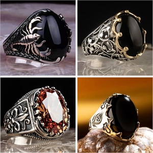 Vintage Men Punk Ring Copper Inlaid Oval Zircon Black Gemstone Retro Gothic Business Adjustable Open Finger Jewelry
