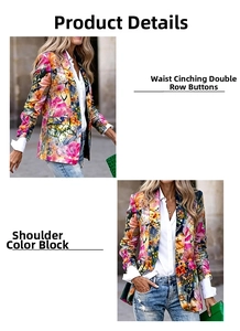 Detailed view of floral blazer featuring slim fit waist and double-breasted closure