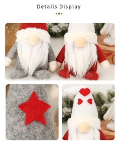 Close-up of Christmas gnome ornaments showing red star and heart fabric details