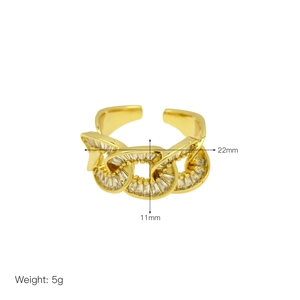 Detail view of 18k gold plated cross zircon ring with dimensions 22mm x 11mm