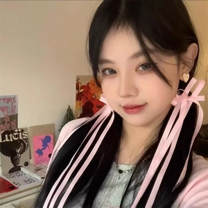 Pink satin double bow hair clips with long streamers for elegant girls styling