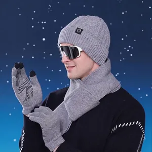 Men's grey knitted winter set with warm beanie, scarf and gloves for cold weather