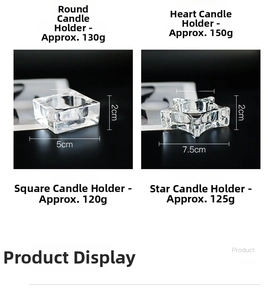 Detailed size specifications for square and star glass candle holders with measurements