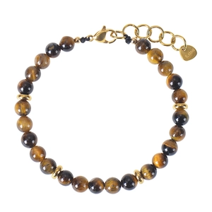 Detailed macro view of 8-10mm tiger eye beads and golden stainless steel clasp