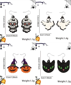 Glittery Halloween earrings showing skull, ghost, pumpkin and cat designs with size data