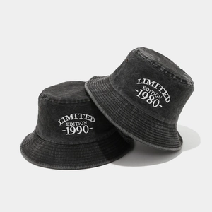 Vintage washed cotton bucket hats with 1980 and 1990 Limited Edition white embroidery