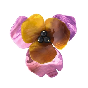 Exquisite acrylic pansy brooch with purple and amber petals and black crystal core