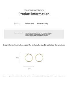 Detail view of 4cm gold hoop earrings with dimensions, weight, and material info