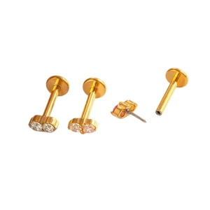 Titanium push-pin flat back studs with clear and pink cubic zirconia in gold plating