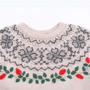 Beige Fair Isle knit sweater with floral embroidery and ribbed crew neck for women