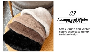 Detailed close-up of fluffy faux fur bucket hats in four assorted earth tone colors