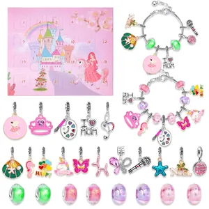 DIY kids charm bracelet set with 24 festive alloy pendants and pink castle gift box