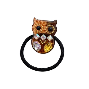 Sparkling crystal owl hair tie with tortoiseshell pattern for high ponytail styles