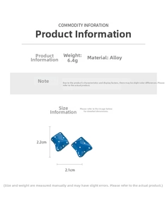 Detail view of retro navy blue square earrings with white dots and dimensions