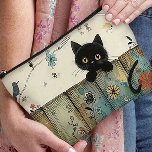 Handheld vintage black cat floral canvas zipper pouch for stationery or cosmetics