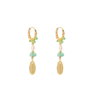 Long pearl drop earrings with handmade gold wire wrapping and green stone accents