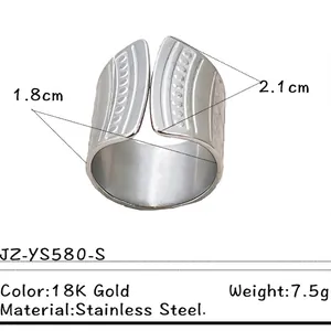 Wide irregular wave stainless steel open ring with stamped dots texture for women