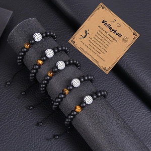 5-piece volleyball-themed bracelet set with tiger eye beads and volleyball pattern charms