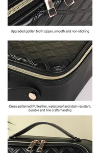 Detail of cross-grain PU leather and gold zipper on large capacity travel cosmetic bag