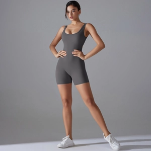 Close-up of seamless stitching on a dark grey high-stretch yoga bodysuit