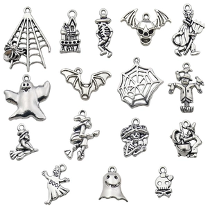 Set of 14 vintage silver Halloween alloy charms for DIY jewelry making and necklaces