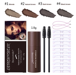 Detailed set of eyebrow powder with stamp, stencils, brushes and four color shades