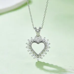 Sparkling S925 sterling silver heart pendant necklace with moissanite stones on an O-chain