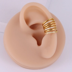 Elegant gold-plated multi-layer ear cuff with zircons for non-pierced ears shown on ear model