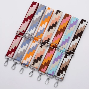Adjustable wide replacement bag strap with geometric patterns and silver metal hooks