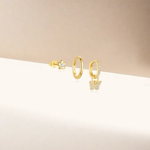 Detailed set of S925 sterling silver gold earrings with butterfly and floral charms