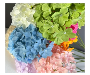 Close-up of multicolored silk hydrangea flowers showing detailed fabric petals