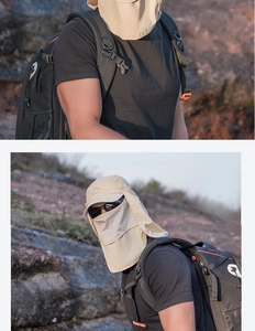 Detail eines beigefarbenen Sonnenhuts mit atmungsaktiver Maske und Nackenschutz für Angler