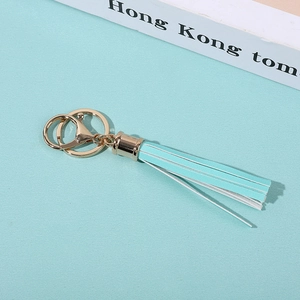 Mint green PU leather tassel keychain with golden lobster clasp and metal ring pendant