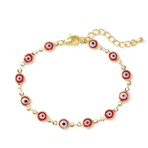 Detailed view of gold plated chain bracelet with red enamel evil eye charms and lobster clasp