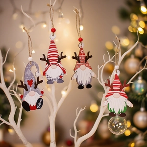 Christmas Wooden Gnome Reindeer Horn Hanging Ornaments Scandinavian Faceless Dwarves Wooden Slices For Xmas Tree Decor Party Ornaments