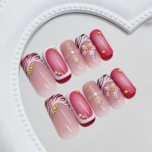 French style 3D lily flower and tiger pattern press-on nails with shiny glitter finish