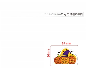 Infographic showing 50pcs waterproof Halloween stickers with 4-5cm dimensions and specs