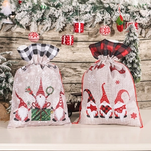 Christmas Gift Bags Faux Linen Burlap Drawstring Sacks Plaid Gnome Pattern Merry Christmas Holiday Party Candy Treat Storage